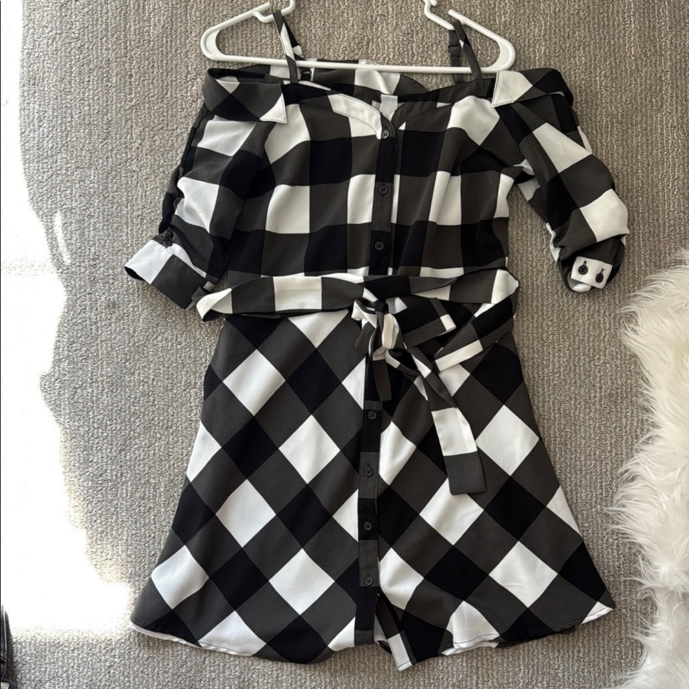 Black and White Checkered Off-Shoulder Dress